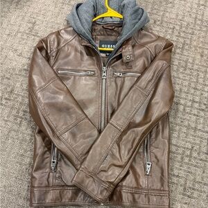 GUESS Brown leather Jacket with detachable Gray Hood